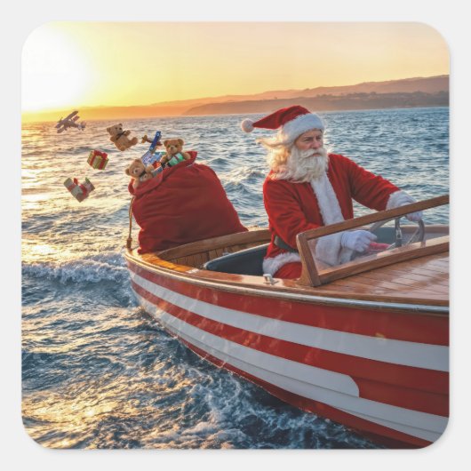 Kerstman die een speedboot bestuurt vierkante sticker (Voorkant)