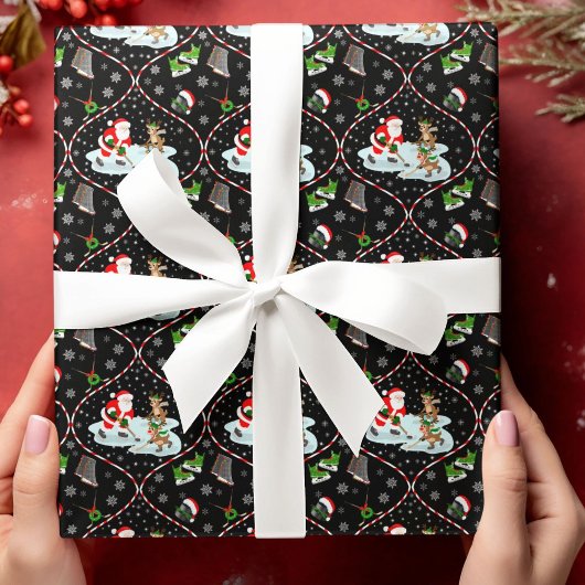 Kerstman die ijshockey speelt Kerstpatroon Zwart Cadeaupapier