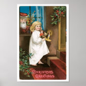  kerstman die in het raam kijkt naar meisje poster (Voorkant)