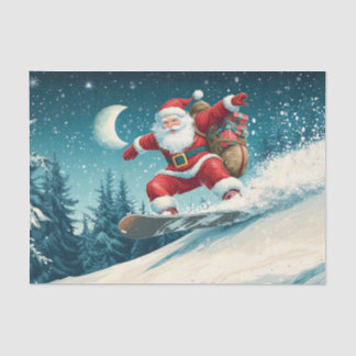 Kerstman die kerstcadeaus bezorgt op een snowboard tissuepapier