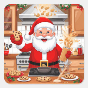 Kerstman die kersttraktaties klaarmaakt in de keuk vierkante sticker