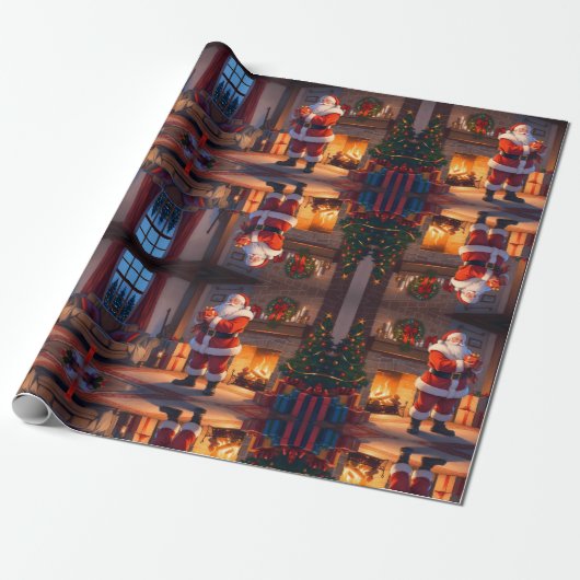 Kerstman die kinder speeltjes levert, rendieren di cadeaupapier (Uitgerold)