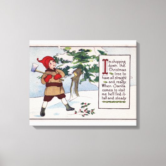 Kerstman die met kerstboom omspringt canvas afdruk (Voorkant)