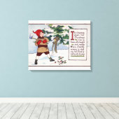 Kerstman die met kerstboom omspringt canvas afdruk (Insitu (Houten vloer))