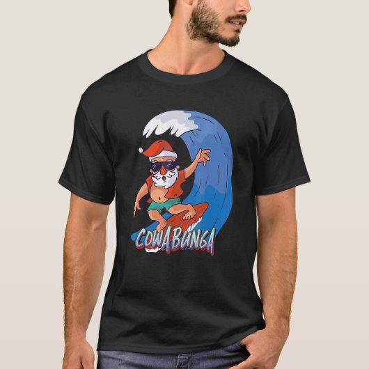 KERSTMAN DIE OP DE GOLF SURFT COWABUNGA T-SHIRT (Voorkant)