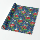Kerstman die op een dinosaurus rijdt, grappig kers cadeaupapier (Uitgerold)