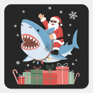Kerstman die op haai rijdt Kerstmis Pyjama Schatti Vierkante Sticker