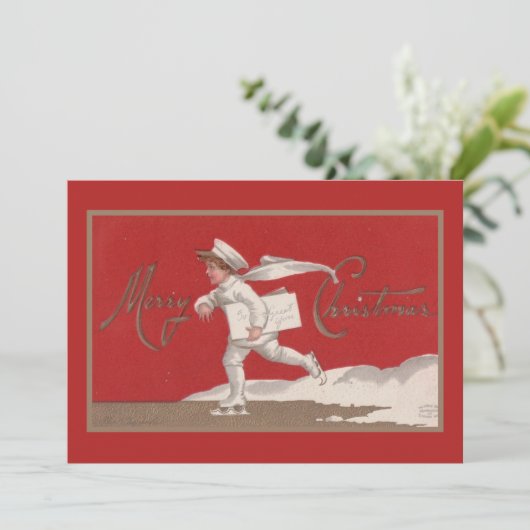  kerstman die op ijs glijdt feestdagenkaart (Staand voorkant)