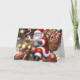 Kerstman die pakketjes bezorgt op een rode motorfi feestdagen kaart