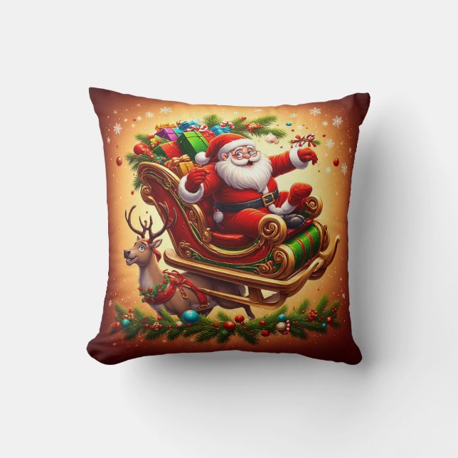 Kerstman die slee rijdt met een rendier kussen (Voorkant)