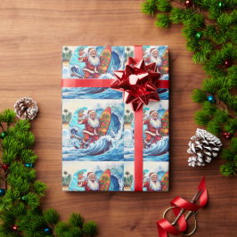 Kerstman die surft op een grote golf cadeaupapier