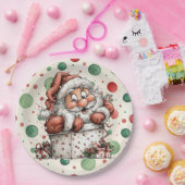 Kerstman die uit cadeaudoos kruipt papieren bordje (Feest)