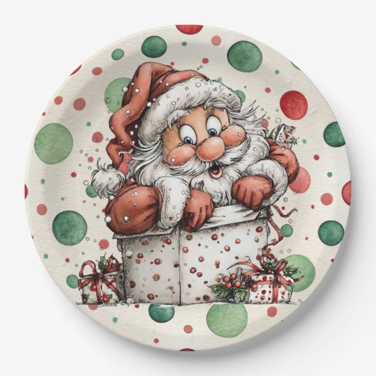 Kerstman die uit cadeaudoos kruipt papieren bordje (Voorkant)