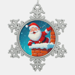 Kerstman die vrolijk zwaait in schoorsteen tin sneeuwvlok ornament