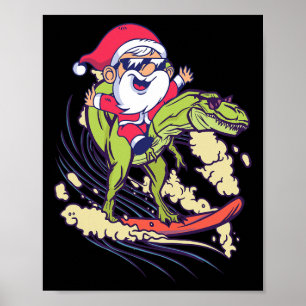 Kerstman Dinosaurus Surft T-rex Dino Zomer Kerstmi Poster