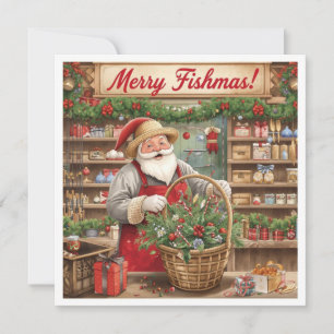 Kerstman doet cadeau mand is Viswinkel Feestdagenkaart