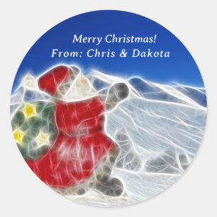 Kerstman, door de sneeuw hollend met Kerstmis Ronde Sticker