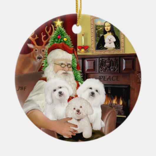 Kerstman - Drie Bichon Frise Keramisch Ornament (Voorkant)