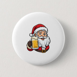 Kerstman Drinkende Bier Kerst Grafiek Ronde Button 5,7 Cm