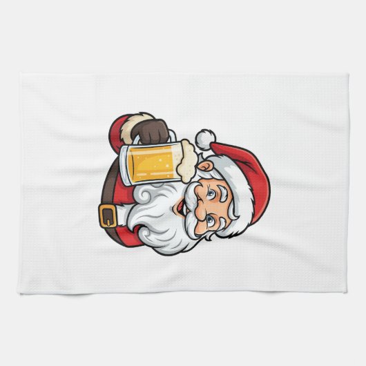 Kerstman Drinkende Bier Kerst Grafiek Theedoek (Horizontaal)
