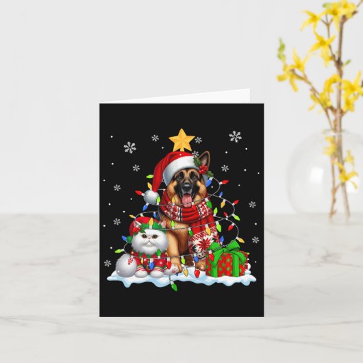 Kerstman Duitse Herder met Elf Kat Kerstlicht Kaart (Gele Bloem)