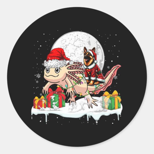 Kerstman Duitse herder rijden Axolotl Kerstmis Eig Ronde Sticker (Voorkant)