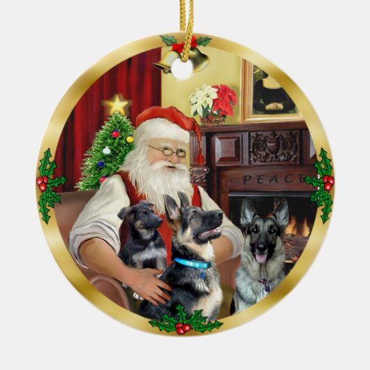 Kerstman / Duitse Herdershond en Puppy Keramisch Ornament (Voorkant)