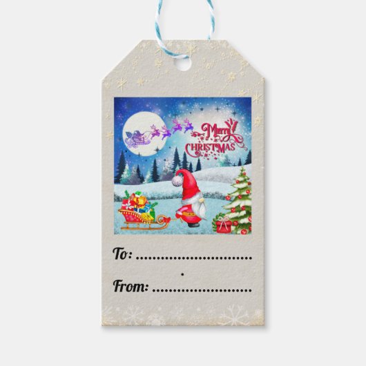 Kerstman Dwerg En Kerstcadeaus Van De slee Van Ker Cadeaulabel (Voorkant)