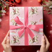 Kerstman & Eenhoorn Kerstvakantie Roze Regenbogen Cadeaupapier