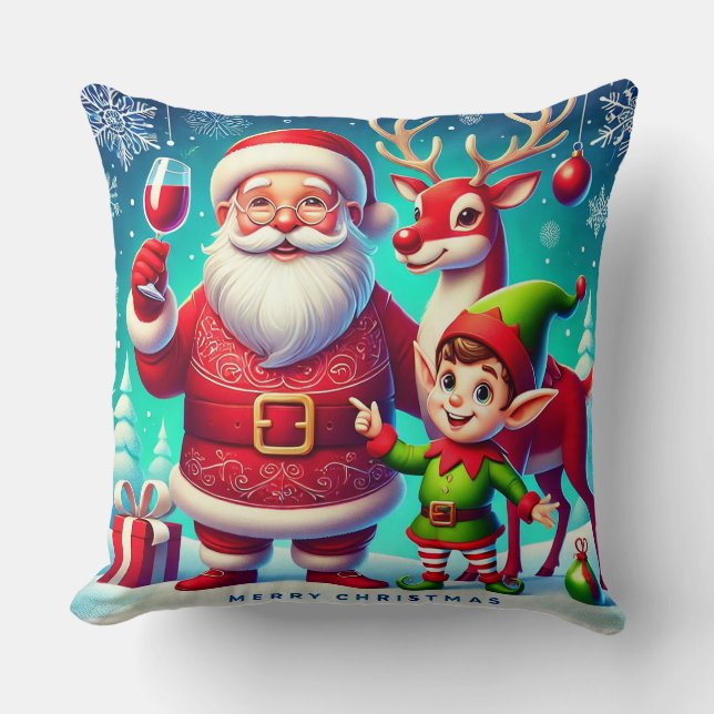 Kerstman, Elf en Rendier in een Festieve Kerst Kussen (Voorkant)
