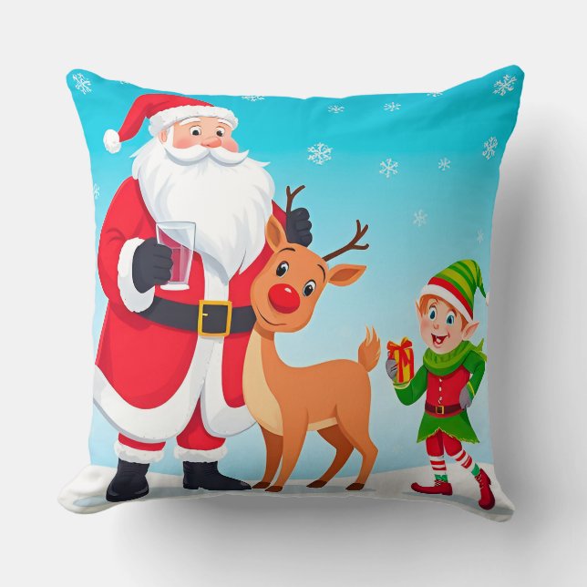 Kerstman, Elf en Rendier in een Festieve Kerst Kussen (Voorkant)