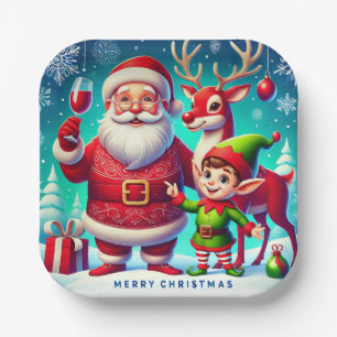 Kerstman, Elf en Rendier in een Festieve Kerst Papieren Bordje