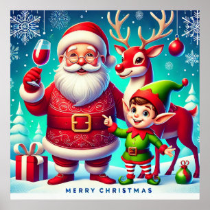 Kerstman, Elf en Rendier in een Festieve Kerst Poster