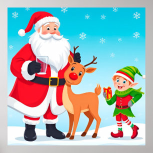 Kerstman, Elf en Rendier in een Festieve Kerst Poster