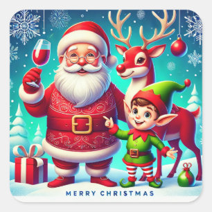 Kerstman, Elf en Rendier in een Festieve Kerst Vierkante Sticker