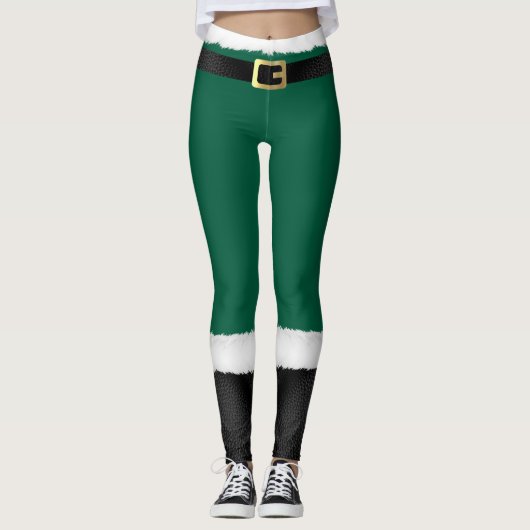 Kerstman Elf Green & White Bontlaarzen Kerstmis Leggings (Voorkant)