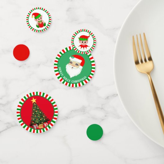 Kerstman & elfen op rood groen confetti (Groep)