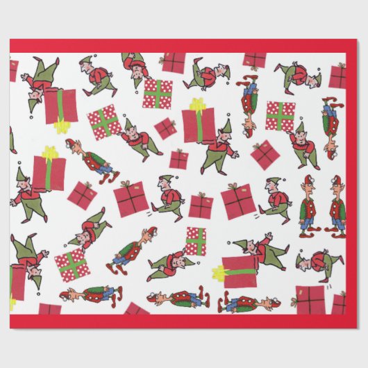 Kerstman Elfen rood glanzend inpakpapier (Vlak)