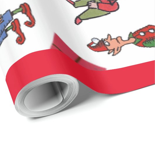 Kerstman Elfen rood glanzend inpakpapier (Rol Hoek)
