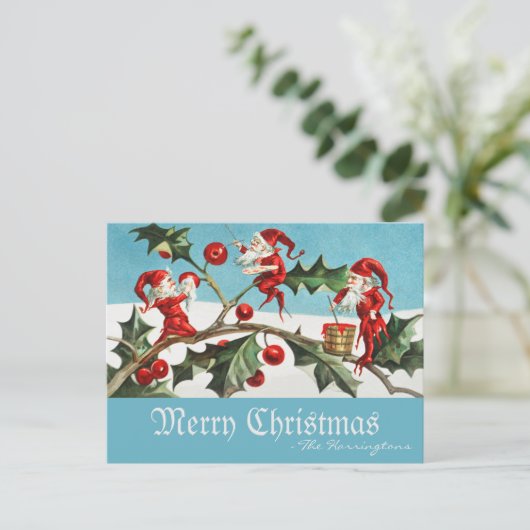 Kerstman Elfen Vrolijk Kerstfeest Retro Blauw Feestdagenkaart (Staand voorkant)
