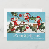  Kerstman Elfen Vrolijk Kerstfeest Retro Blauw Feestdagenkaart (Voorkant / Achterkant)