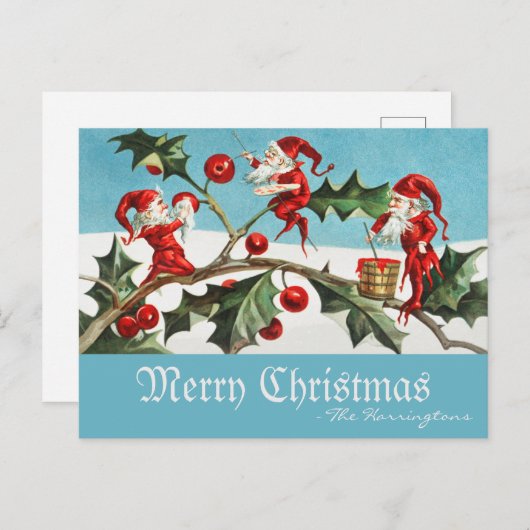 Kerstman Elfen Vrolijk Kerstfeest Retro Blauw Feestdagenkaart (Voorkant / Achterkant)