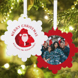 Kerstman en aangepaste foto en naam ornament kaart<br><div class="desc">Deel uw foto en de liefde van het vakantieseizoen met deze sierkaart. Voeg je eigen foto toe aan de ene kant en noem met een leuke felrode Santa art aan de andere kant. Geweldig als een label en dan om op je boompje te blijven! Ontwerp door www.mylittleeden.com</div>