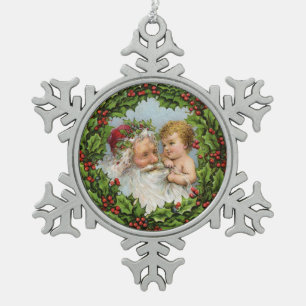 Kerstman en Baby Kerstmis Tin Sneeuwvlok Ornament