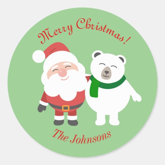 Kerstman en Beer Kerst Ronde Sticker  (Voorkant)