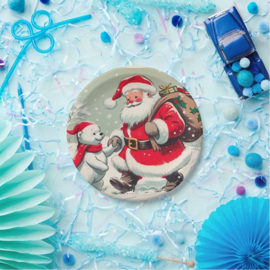  kerstman en Beer kerstpapier Borden Papieren Bordje (Feest)