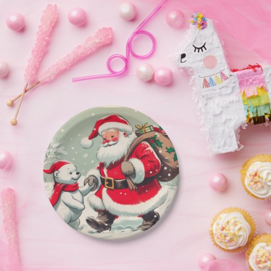  kerstman en Beer kerstpapier Borden Papieren Bordje (Feest)