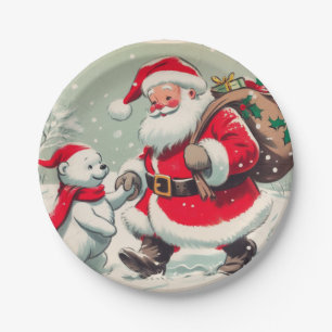 kerstman en Beer kerstpapier Borden Papieren Bordje