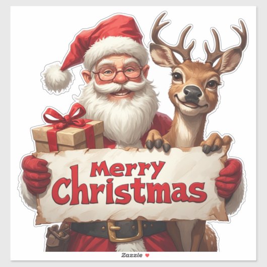Kerstman en blije rendieren sticker (Vel)