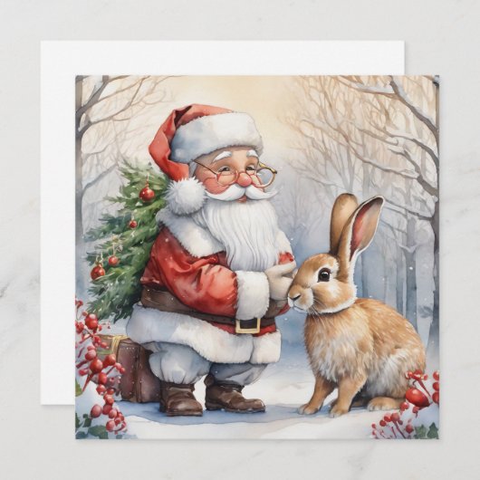 Kerstman en Bunny Natuur Illustratie Feestdagenkaart (Voorkant / Achterkant)